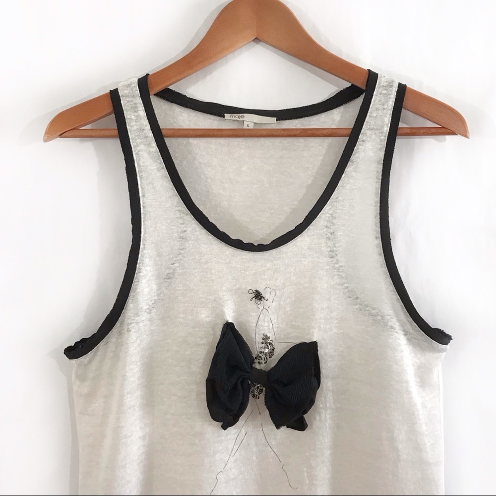 MAJE Ivory Linen Tank With 3D Design Black Trim - Picture 3 of 8